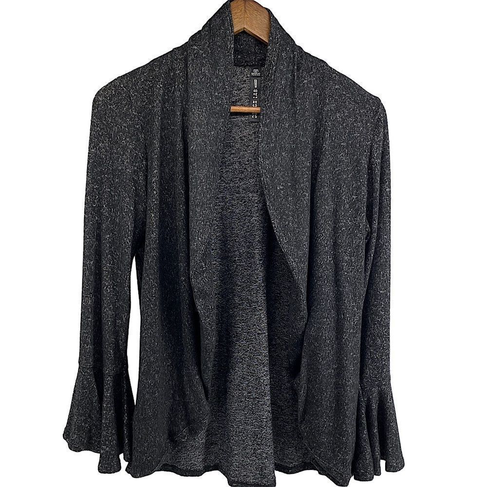 Design Lab Open Front Cardigan Sweater Bell Cuff Sleeve Size Medium Dark Gray